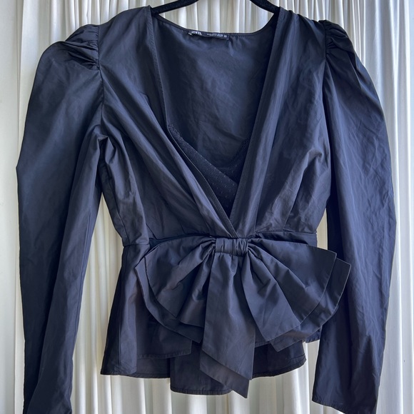 Zara - small - black statement top - peplum with inner mesh polka dot tank & bow - Picture 1 of 6